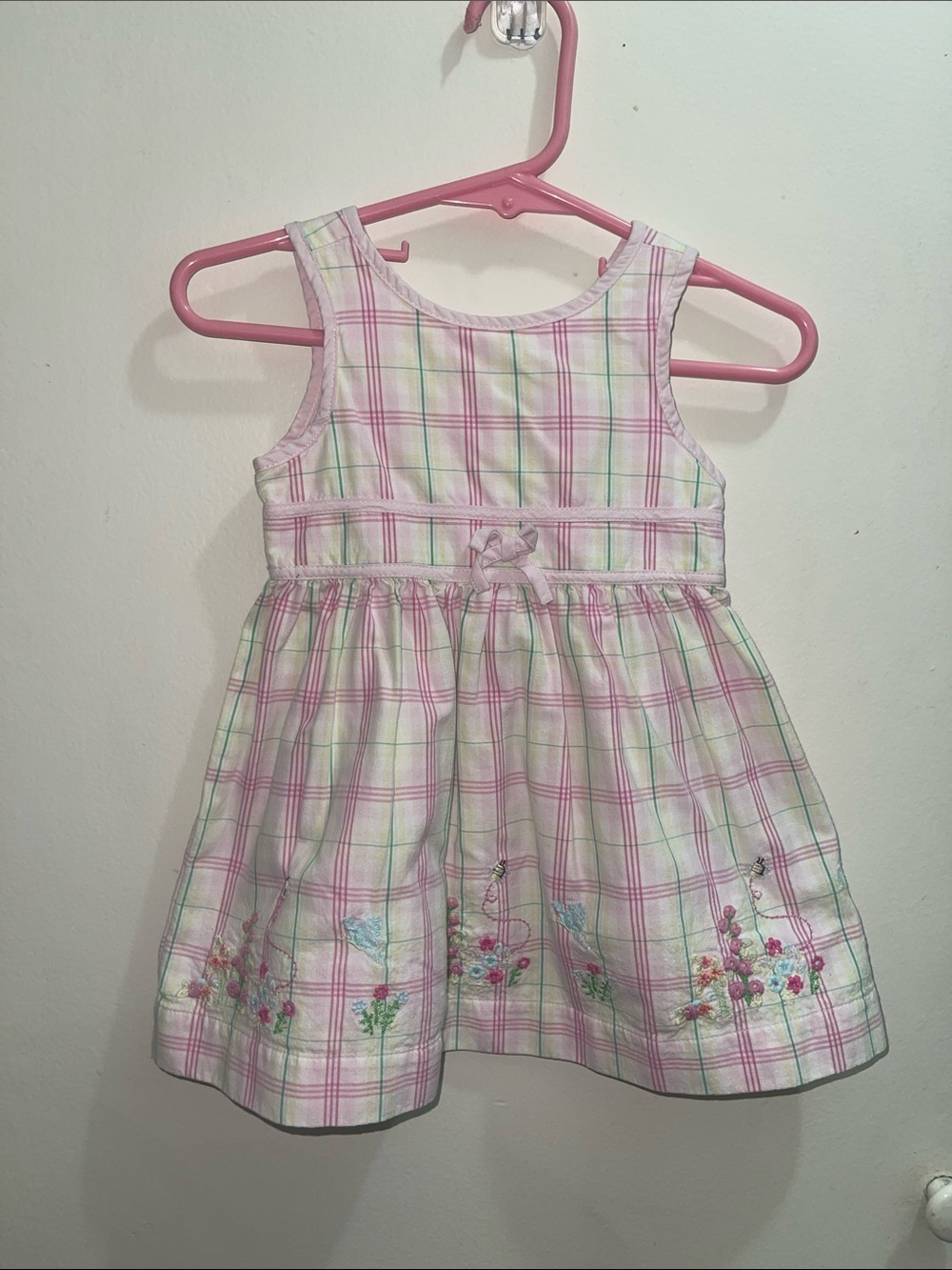 Vintage baby Gap Girls' Pink Plaid Sleeveless Dress Floral Embroidery Sz 6/12M